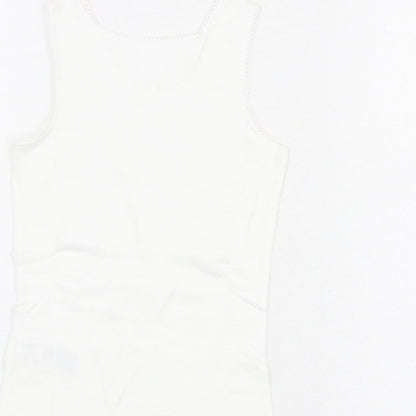 Brand and care label for Marks & Spencer girls’ white cotton basic tank, size 3-4, years round neck pullover - thermal top