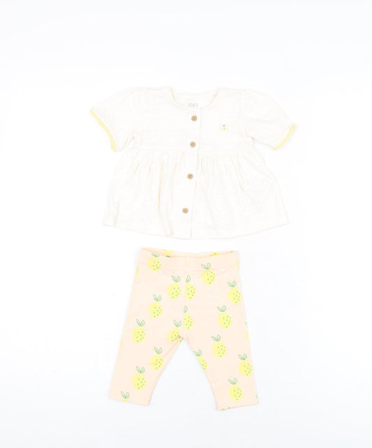 Marks and Spencer Girls White Geometric Cotton Trousers Set Outfit/Set Size 0-3 Months Button - Lemon Print