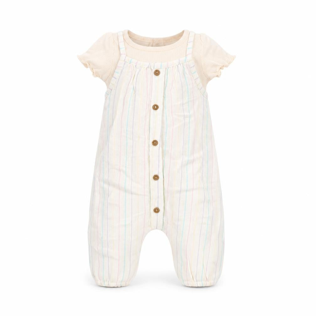 Marks & Spencer Girls Pink Striped Viscose Dungaree Outfit/Set Size 0-3 Months Button