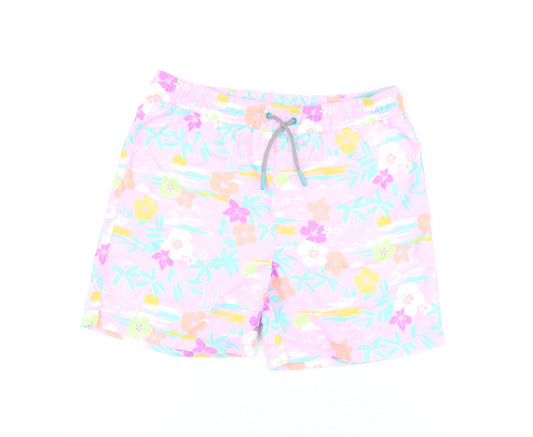 Marks and Spencer Boys Purple Floral Polyester Bermuda Shorts Size 10-11 Years Regular Drawstring - Swim Shorts