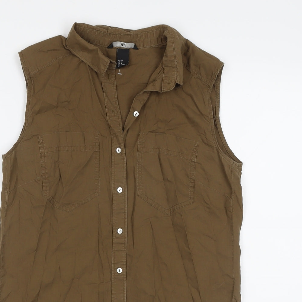 H&M Womens Brown Cotton Basic Button-Up Size 6 Collared
