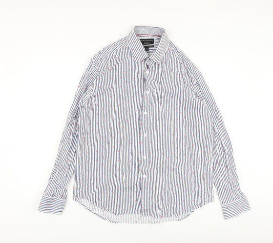 Report Collection Mens Blue Striped Cotton Button-Up Size L Collared Button