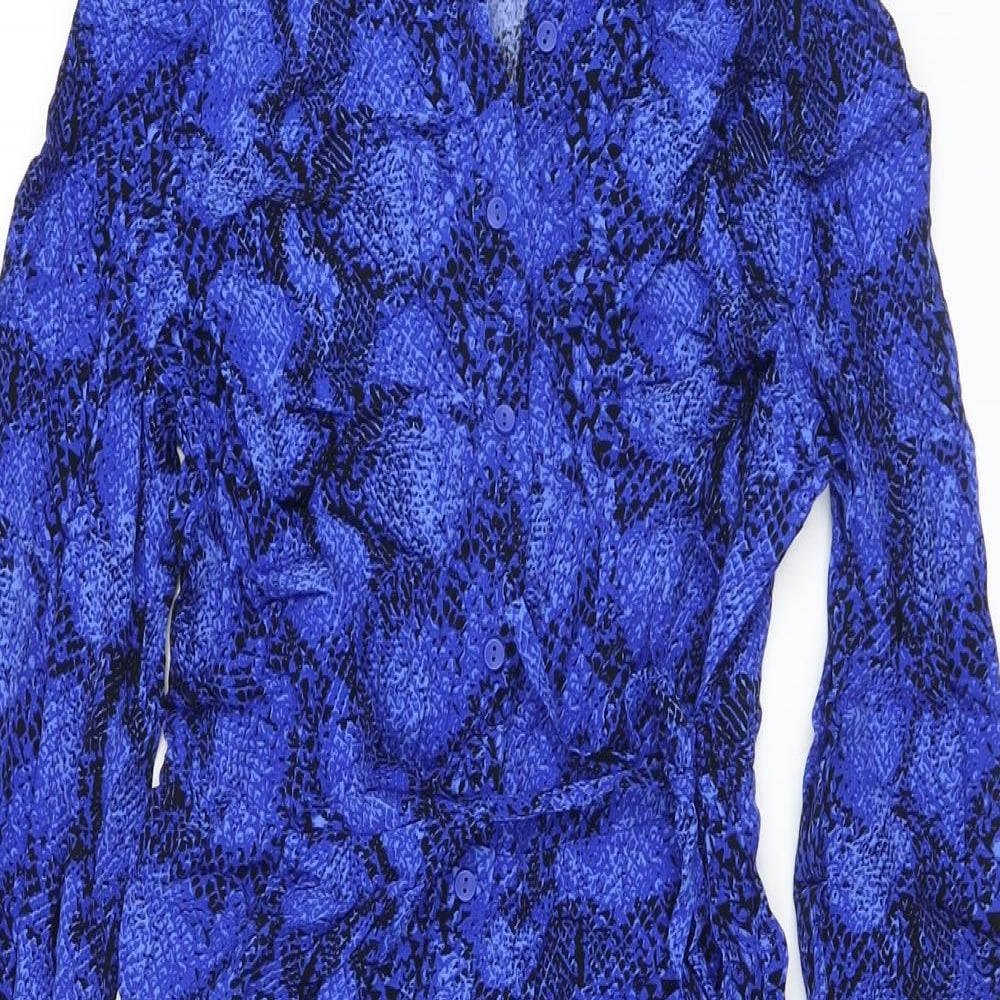 Marks and Spencer Womens Blue Animal Print Viscose Shirt Dress Size 8 Collared Button