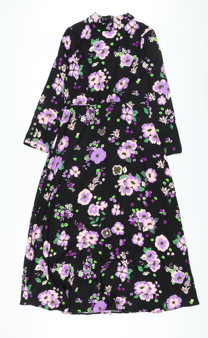 Marks & Spencer Womens Black Floral Polyester A-Line Size 8 Mock Neck Zip
