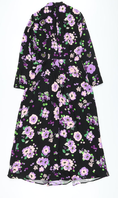 Marks & Spencer Womens Black Floral Polyester A-Line Size 8 Mock Neck Zip
