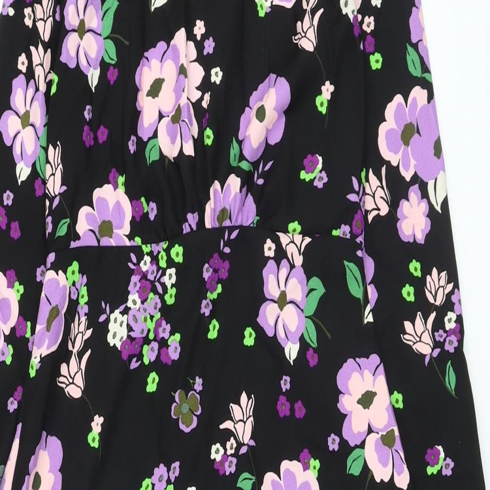 Marks and Spencer Womens Black Floral Polyester A-Line Size 8 Mock Neck Zip