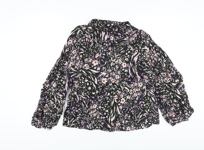 Marks & Spencer Womens Black Floral Viscose Basic Blouse Size 10 V-Neck
