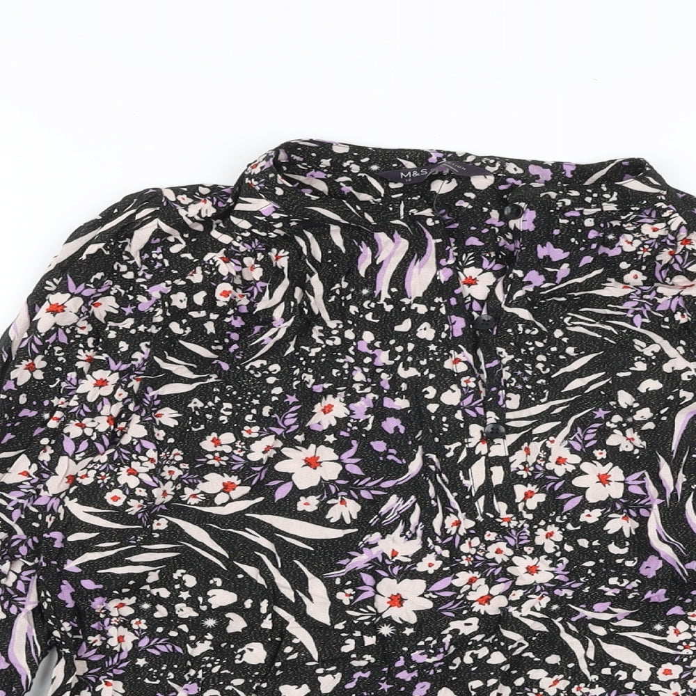Marks and Spencer Womens Black Floral Viscose Basic Blouse Size 10 V-Neck