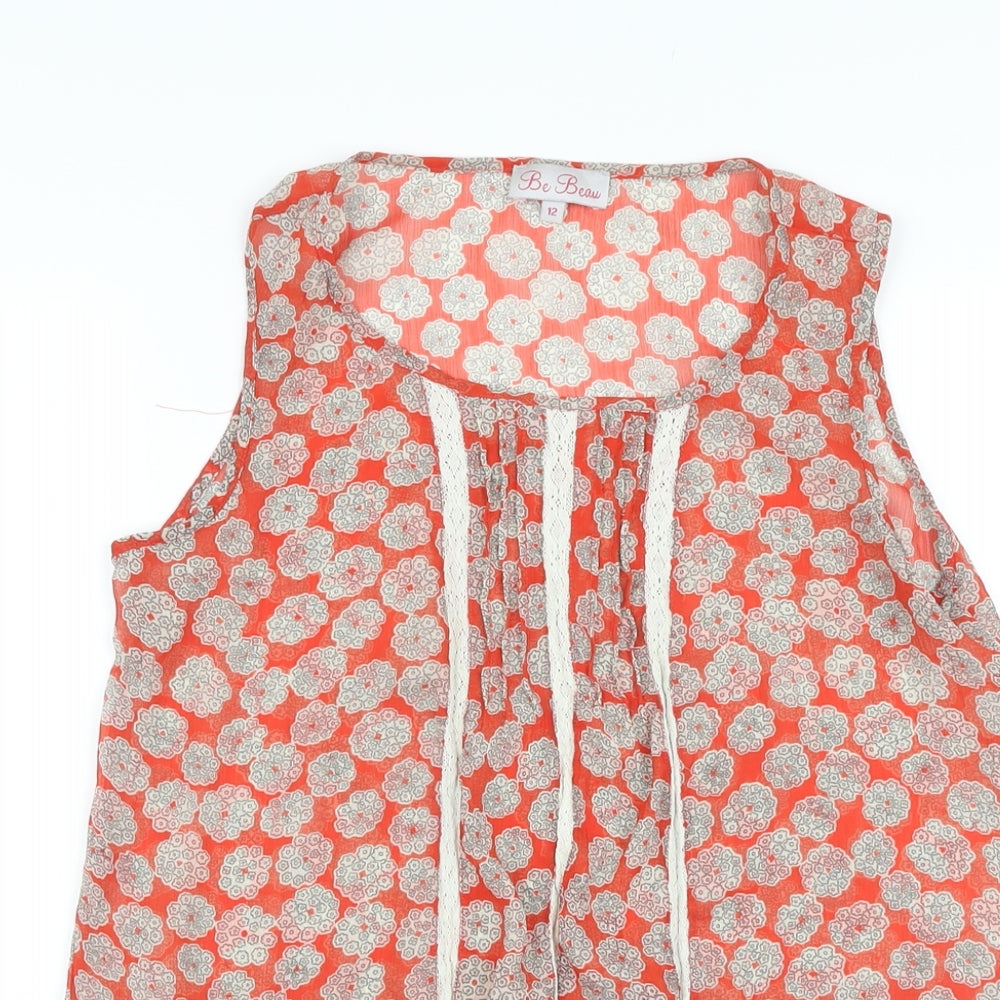Be Baeu Womens Orange Geometric Polyester Basic T-Shirt Size 12 V-Neck
