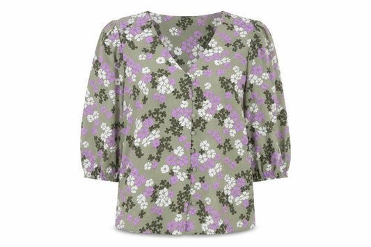 Marks and Spencer Womens Green Floral Polyester Basic Blouse Size 8 V-Neck