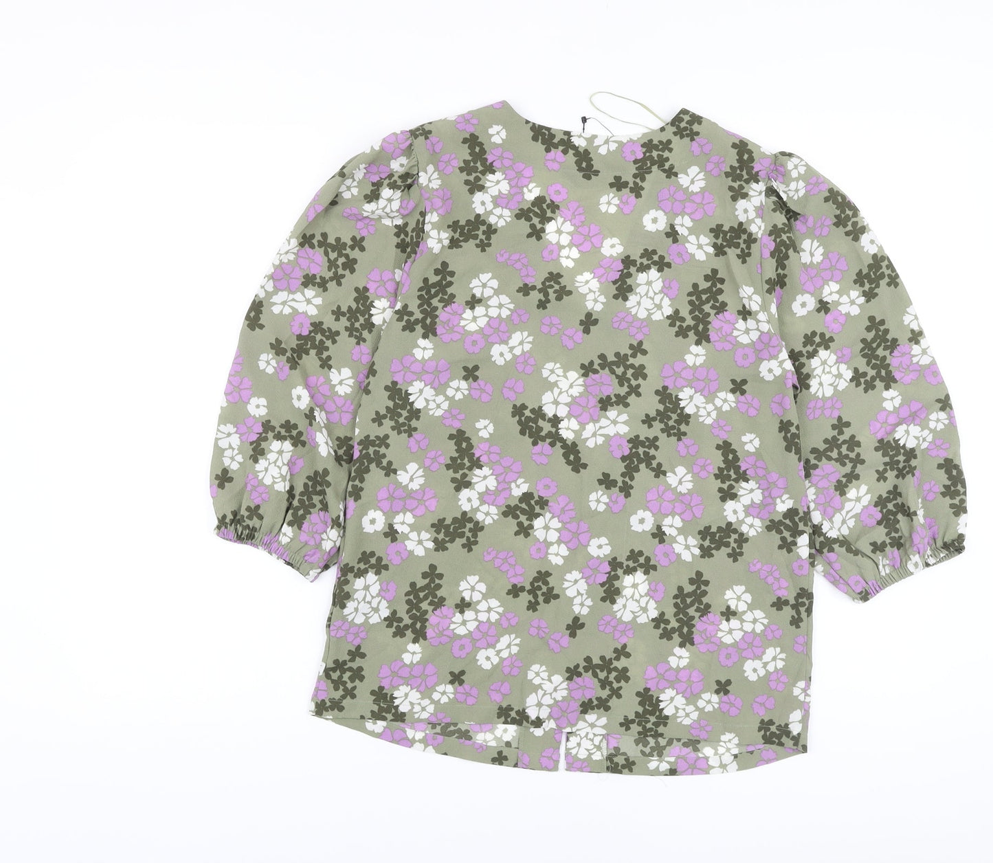 Marks and Spencer Womens Green Floral Polyester Basic Blouse Size 8 V-Neck
