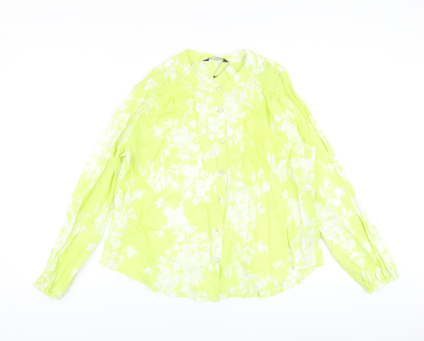 Marks and Spencer Womens Green Floral Cotton Basic Blouse Size 10 Crew Neck