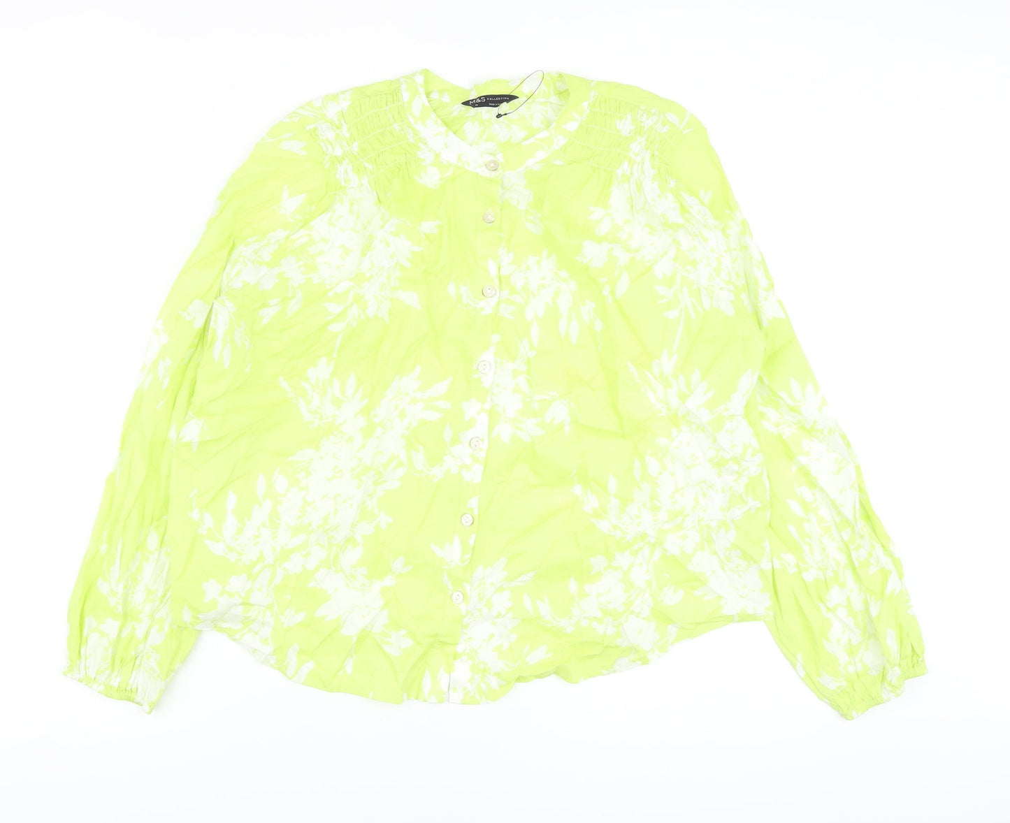 Marks and Spencer Womens Green Floral Cotton Basic Blouse Size 10 Crew Neck
