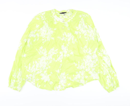 Marks and Spencer Womens Green Floral Cotton Basic Blouse Size 10 Crew Neck