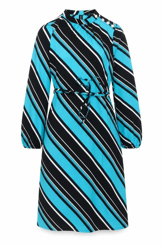 Marks & Spencer Womens Blue Striped Polyester A-Line Size 8 Mock Neck Button