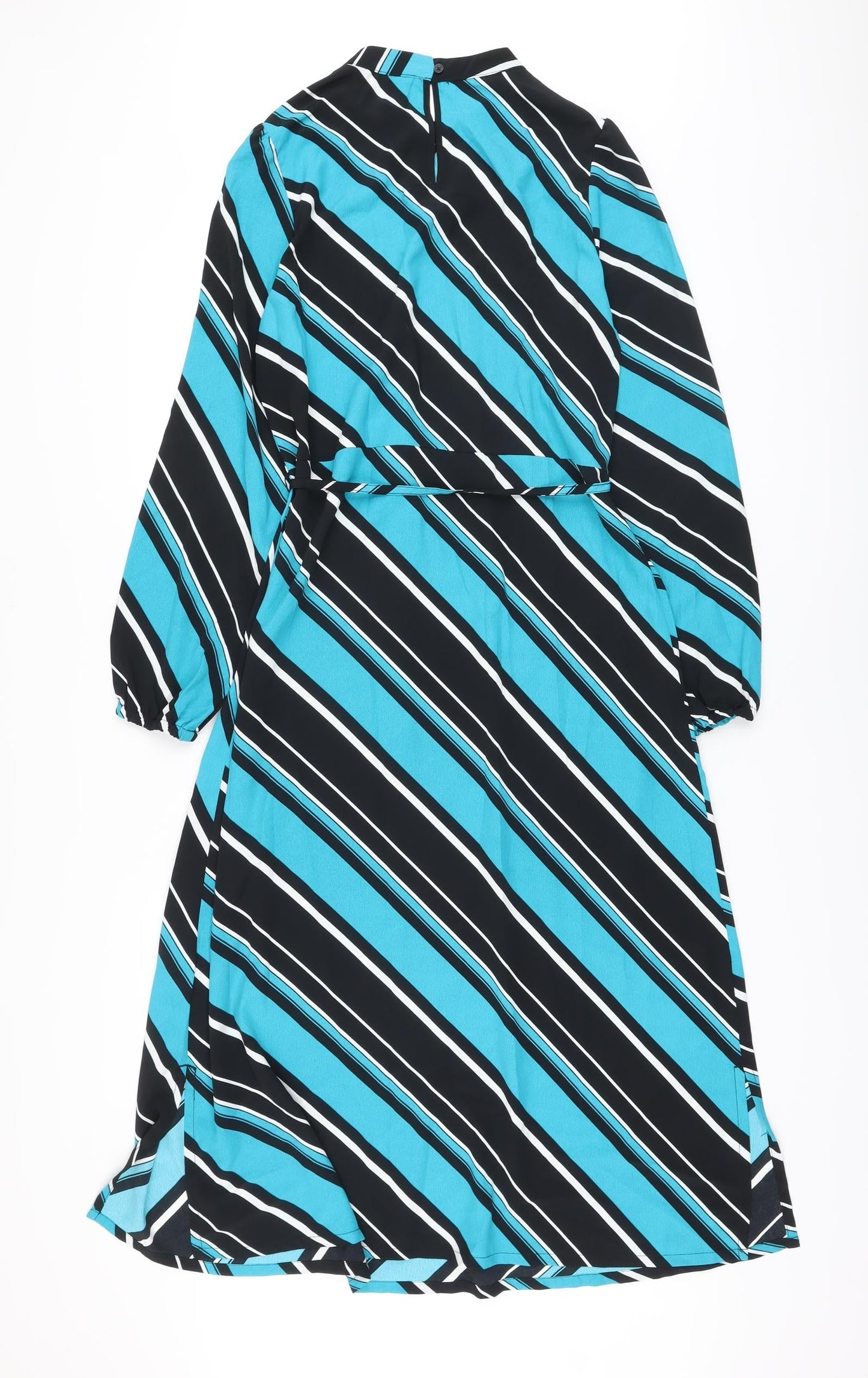 Marks and Spencer Womens Blue Striped Polyester A-Line Size 8 Mock Neck Button
