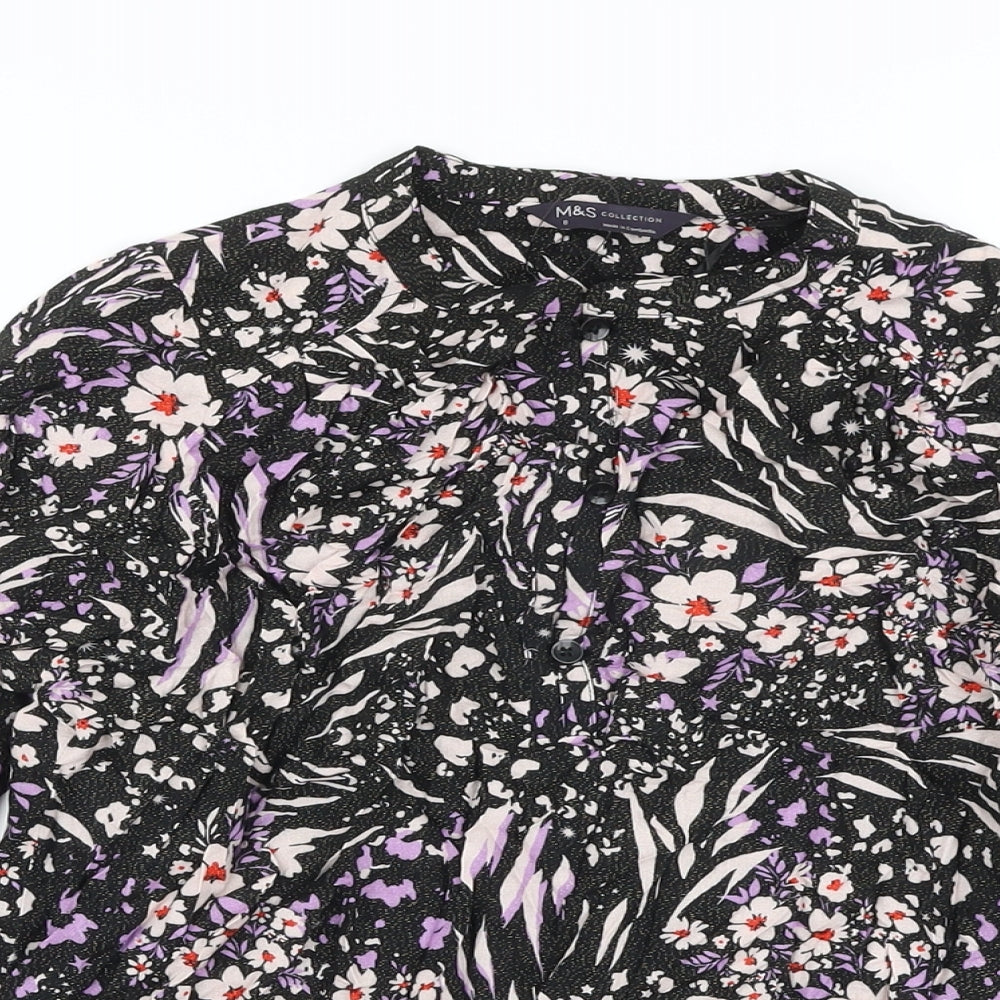 Marks and Spencer Womens Black Geometric Viscose Basic Blouse Size 8 Crew Neck