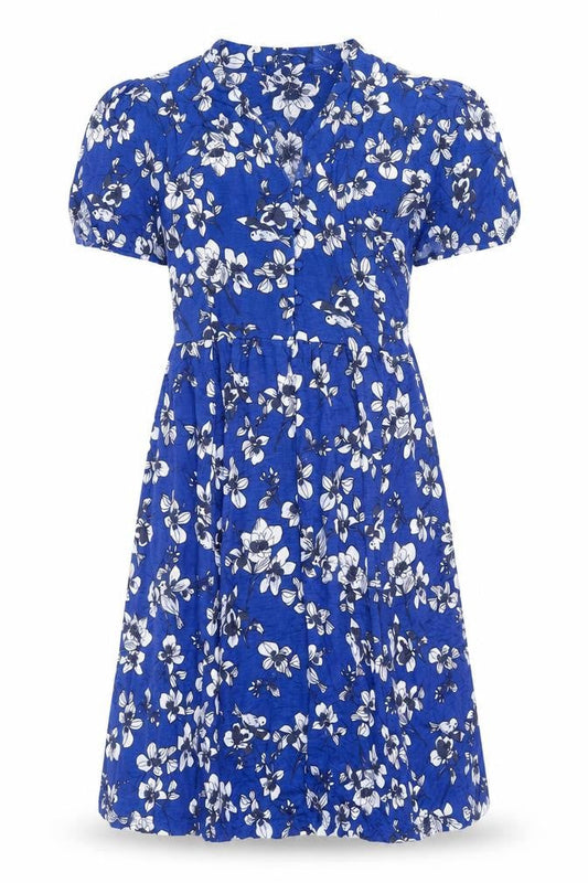 Front view of French Connection women’s blue floral polyester a-line, size UK 10, v-neck pullover