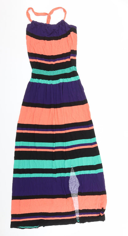 Next Womens Multicoloured Striped Viscose Maxi Size 8 Round Neck Pullover - Side Split Detail