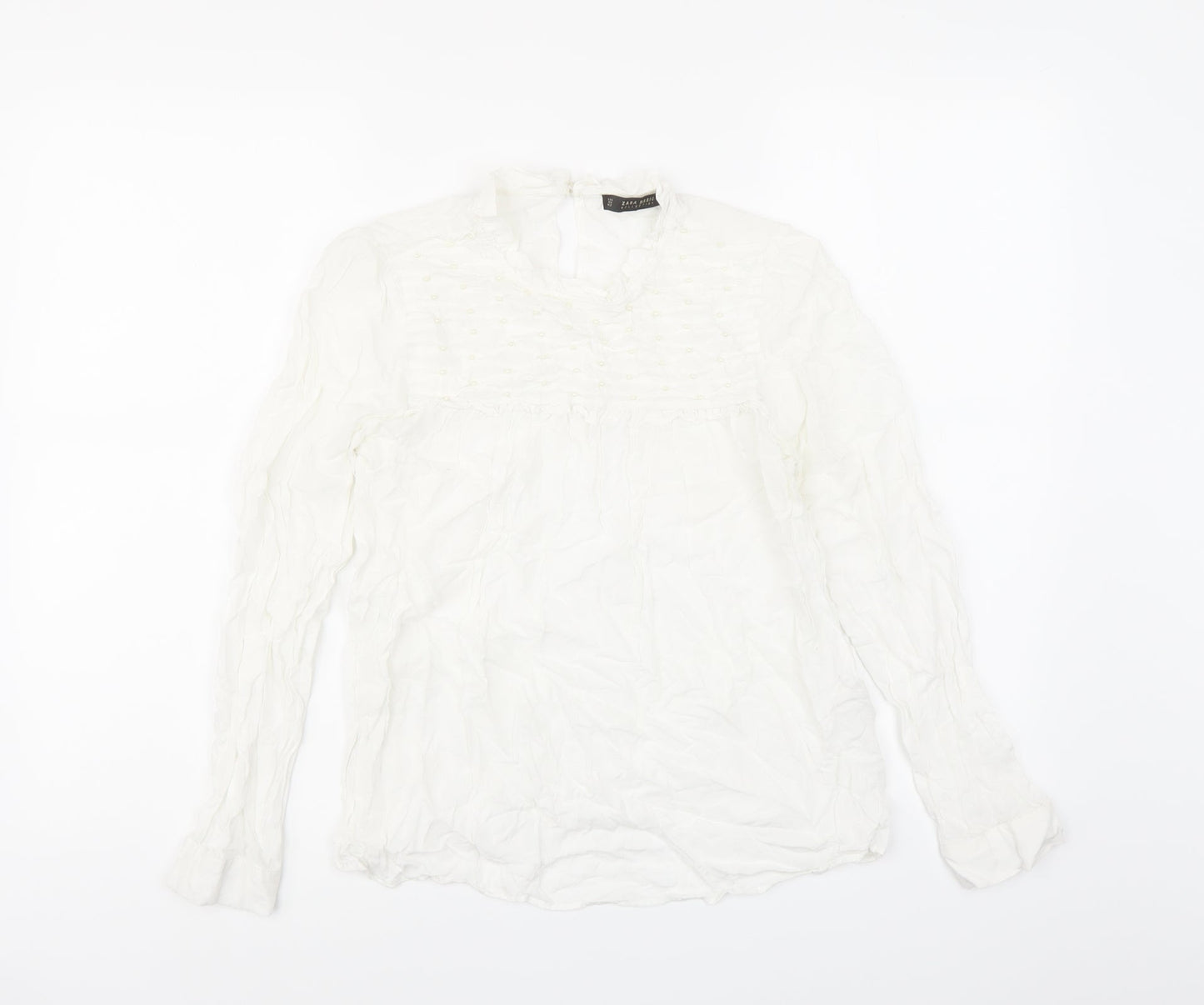 Zara Womens White Viscose Basic Blouse Size M Round Neck - Beaded Detail