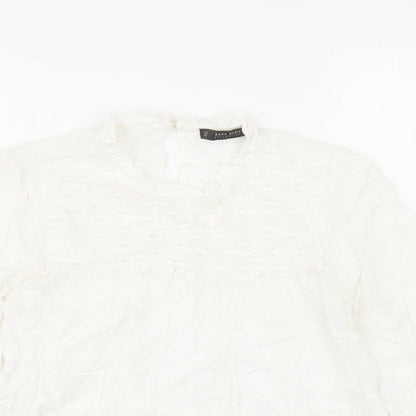 Zara Womens White Viscose Basic Blouse Size M Round Neck - Beaded Detail