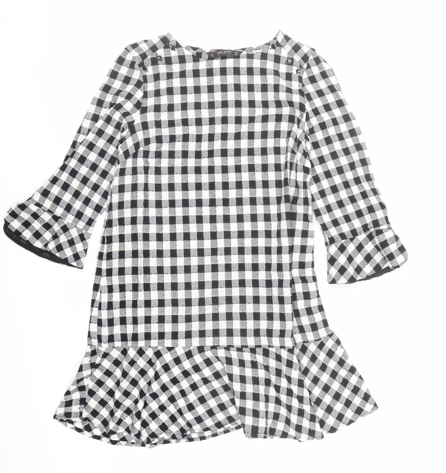 Zara Womens Black Check Polyester A-Line Size M Round Neck Button