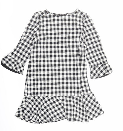 Zara Womens Black Check Polyester A-Line Size M Round Neck Button