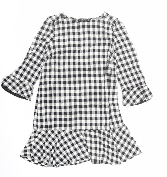 Zara Womens Black Check Polyester A-Line Size M Round Neck Button