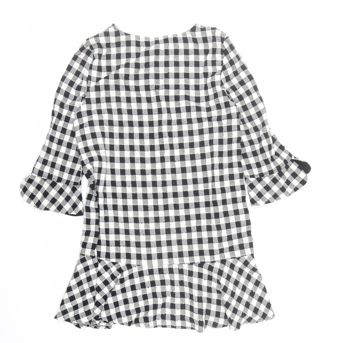 Zara Womens Black Check Polyester A-Line Size M Round Neck Button
