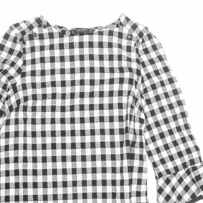 Zara Womens Black Check Polyester A-Line Size M Round Neck Button