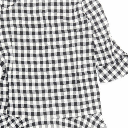 Zara Womens Black Check Polyester A-Line Size M Round Neck Button