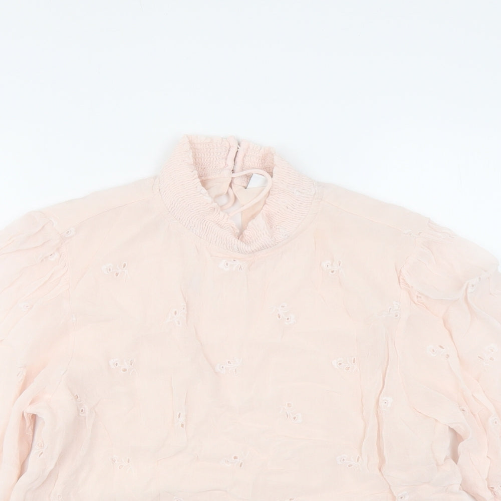 VILA Womens Pink Floral Polyester Basic Blouse Size M Mock Neck - Embroidered Detail