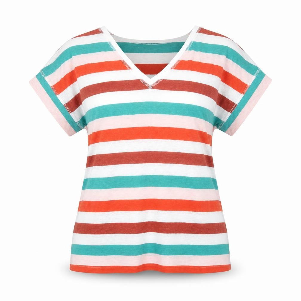 Marks & Spencer Womens Multicoloured Striped Flax Basic T-Shirt Size 8 V-Neck