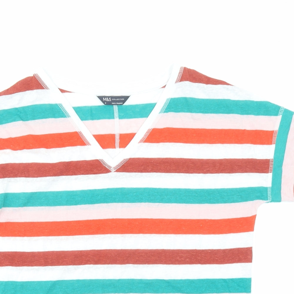 Marks and Spencer Womens Multicoloured Striped Flax Basic T-Shirt Size 8 V-Neck