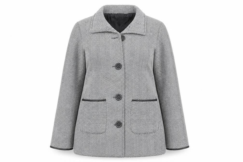 Front view of Anne De Lancay women’s black geometric jacket, size UK 12, button