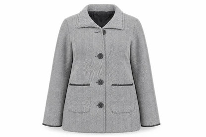 Front view of Anne De Lancay women’s black geometric jacket, size UK 12, button