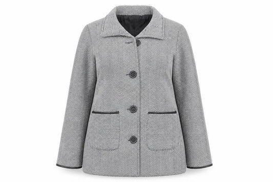 Front view of Anne De Lancay women’s black geometric jacket, size UK 12, button