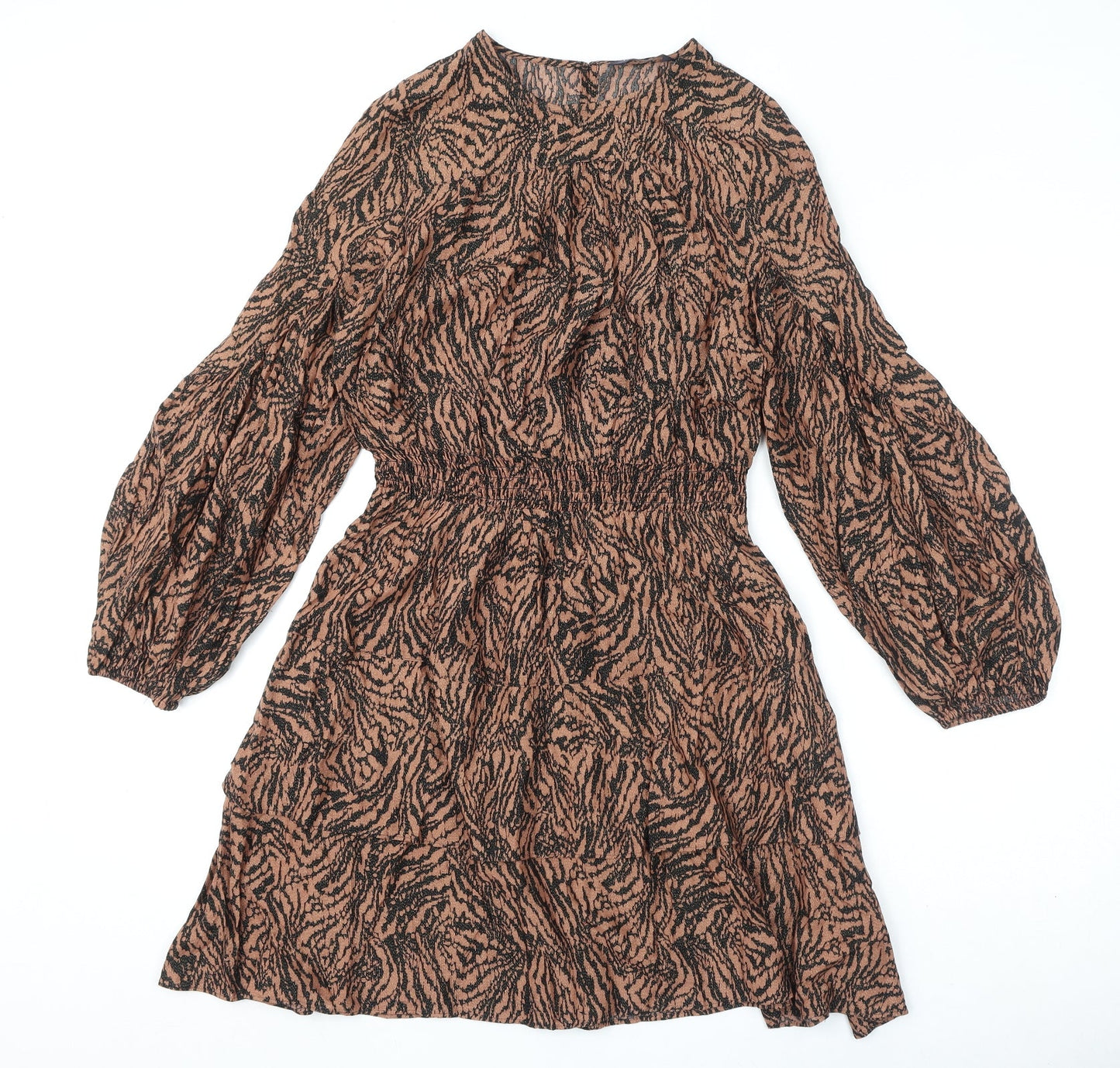 Marks and Spencer Womens Brown Geometric Viscose A-Line Size 10 Round Neck Button