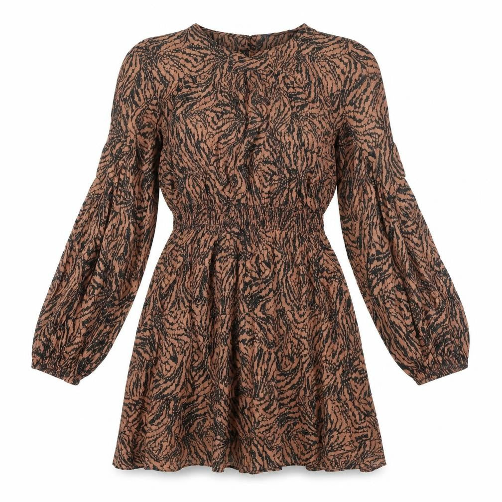 Marks & Spencer Womens Brown Geometric Viscose A-Line Size 10 Round Neck Button