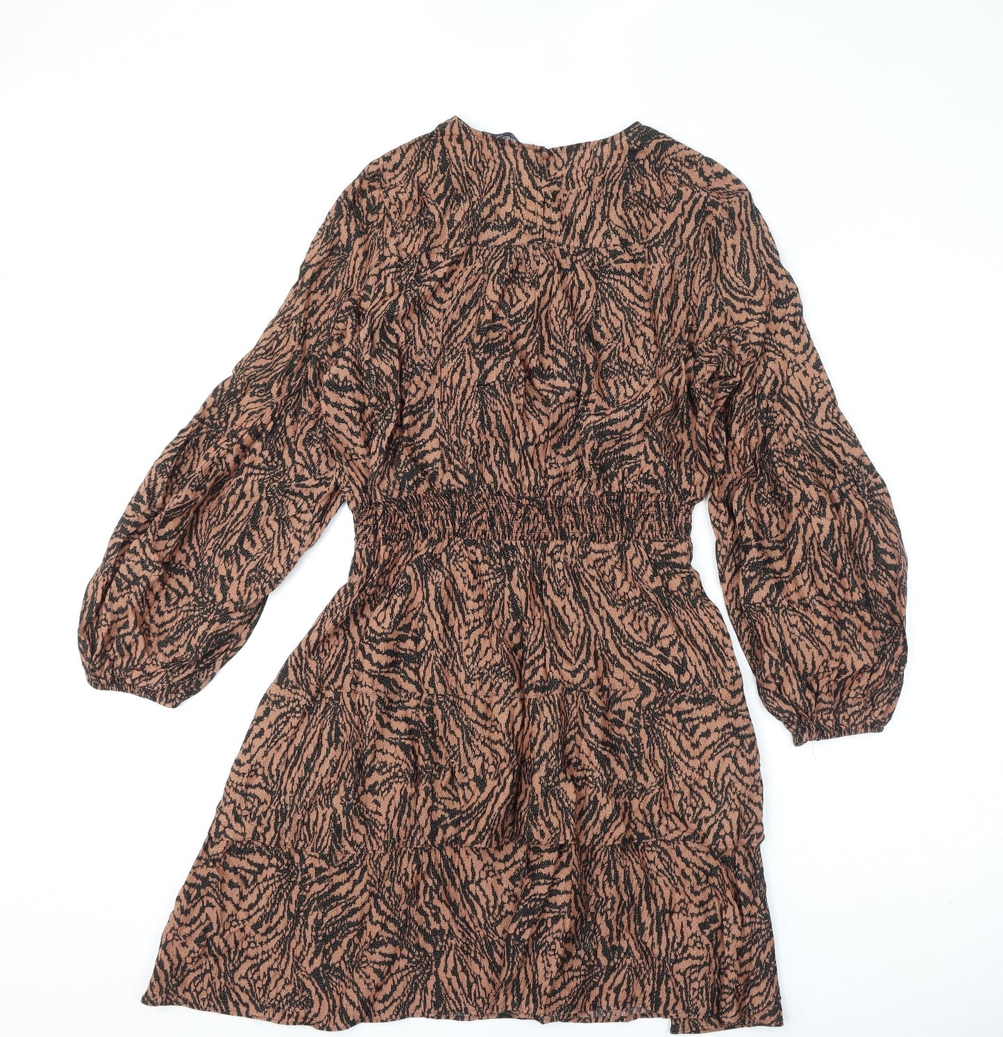 Marks and Spencer Womens Brown Geometric Viscose A-Line Size 10 Round Neck Button