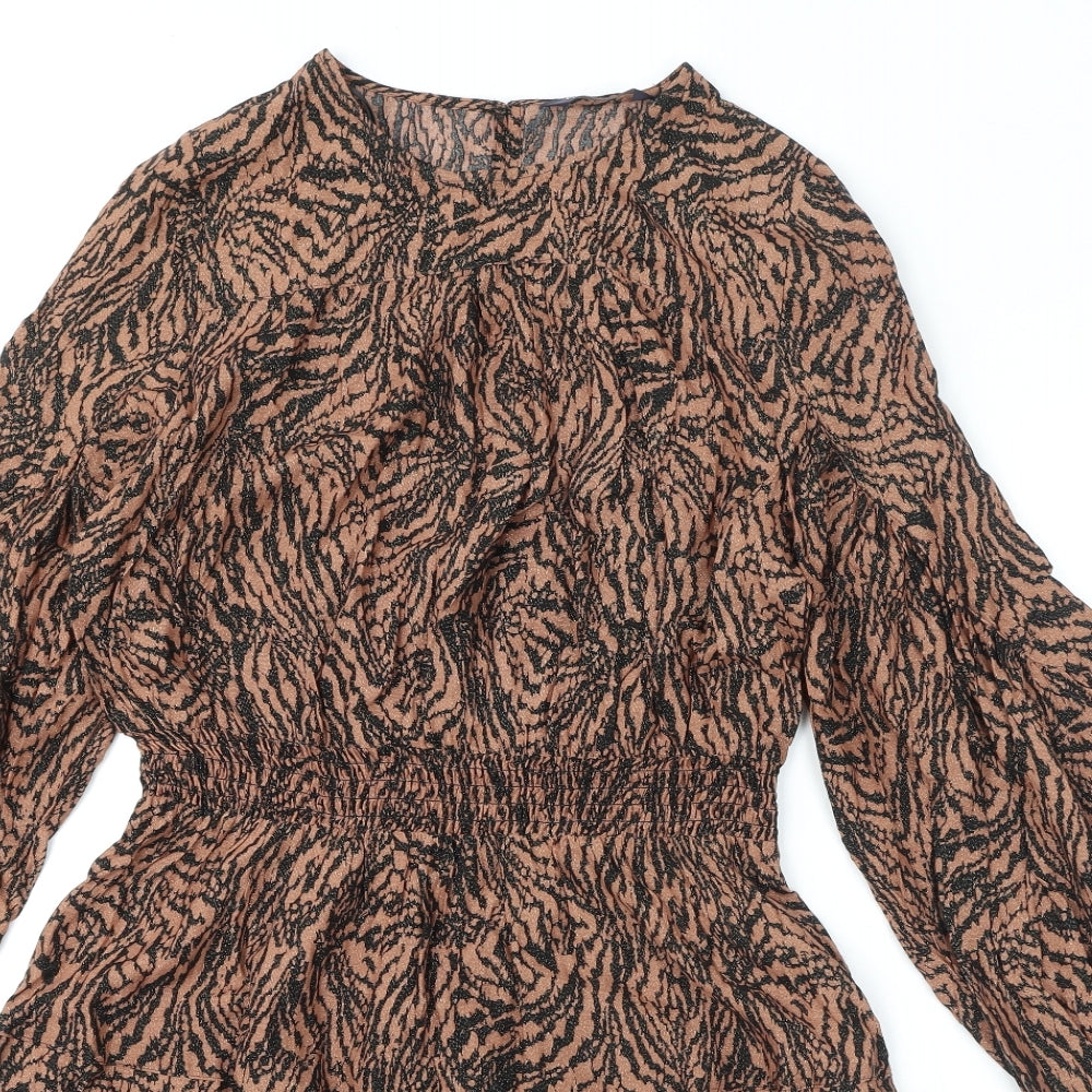 Marks and Spencer Womens Brown Geometric Viscose A-Line Size 10 Round Neck Button