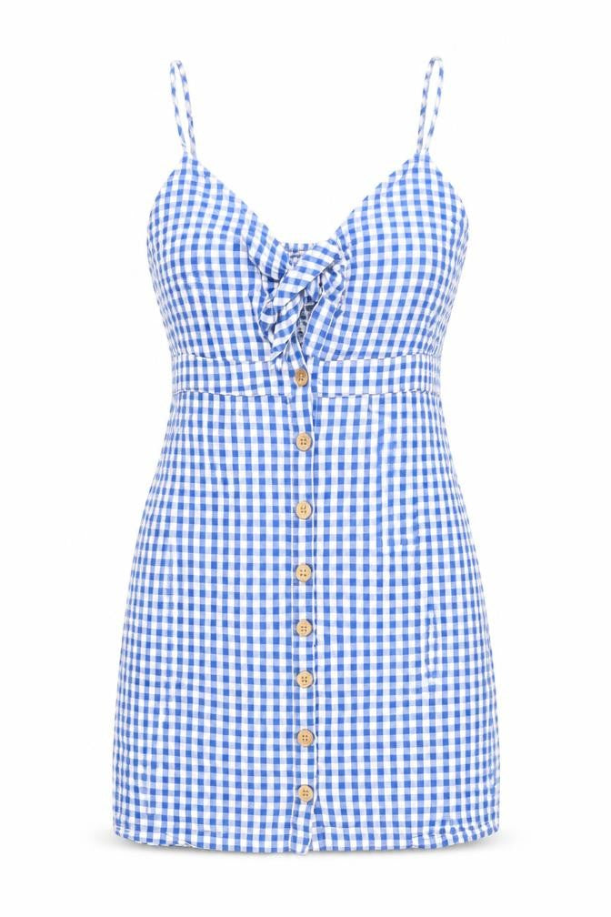 Stradivarius Womens Blue Check 100% Cotton Mini Size S V-Neck Tie