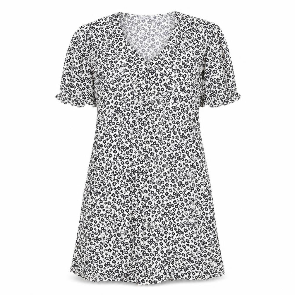 Marks & Spencer Womens White Geometric Viscose A-Line Size 12 V-Neck Button - Flowers