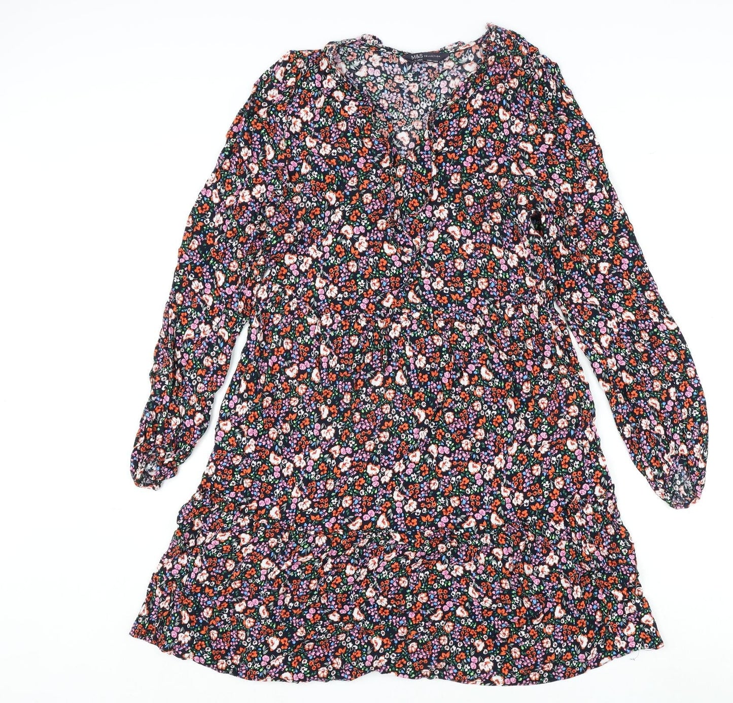 Marks and Spencer Womens Multicoloured Floral Viscose A-Line Size 10 V-Neck Tie