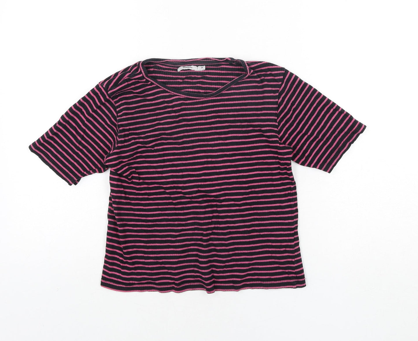 Bossini Womens Blue Striped Cotton Basic T-Shirt Size M Round Neck
