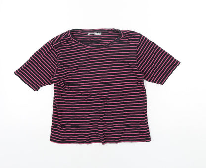 Bossini Womens Blue Striped Cotton Basic T-Shirt Size M Round Neck