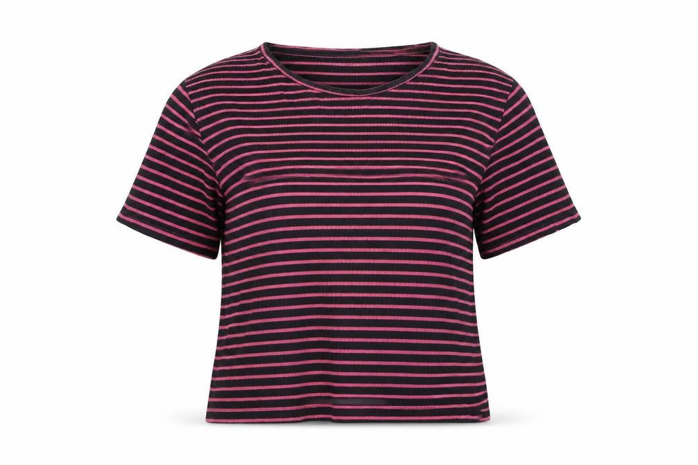 Bossini Womens Blue Striped Cotton Basic T-Shirt Size M Round Neck