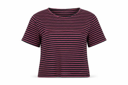 Bossini Womens Blue Striped Cotton Basic T-Shirt Size M Round Neck