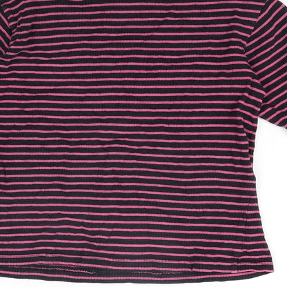 Bossini Womens Blue Striped Cotton Basic T-Shirt Size M Round Neck