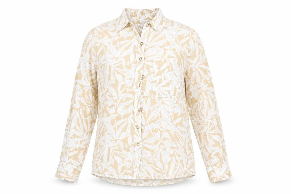 Monsoon Womens Beige Floral Linen Basic Button-Up Size 10 Collared
